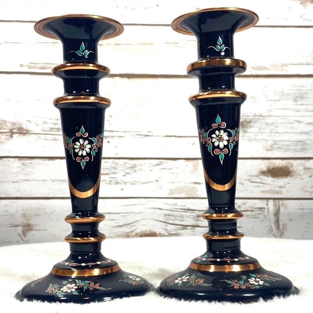 Vintage Copper Candle Holders Etched Hand Painted Black Floral Silver Touch Set